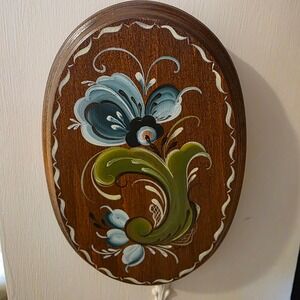 Vintage Rosemaling Hand Painted Wood Oval Wall Plaque Blue Flower Spring Decor